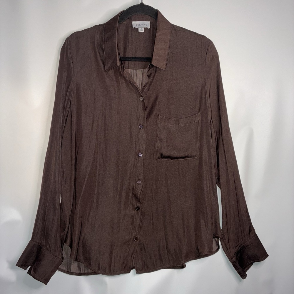 Evereve Top Button Up Shirt Women Size Medium Chocolate Brown Satin Long Sleeve